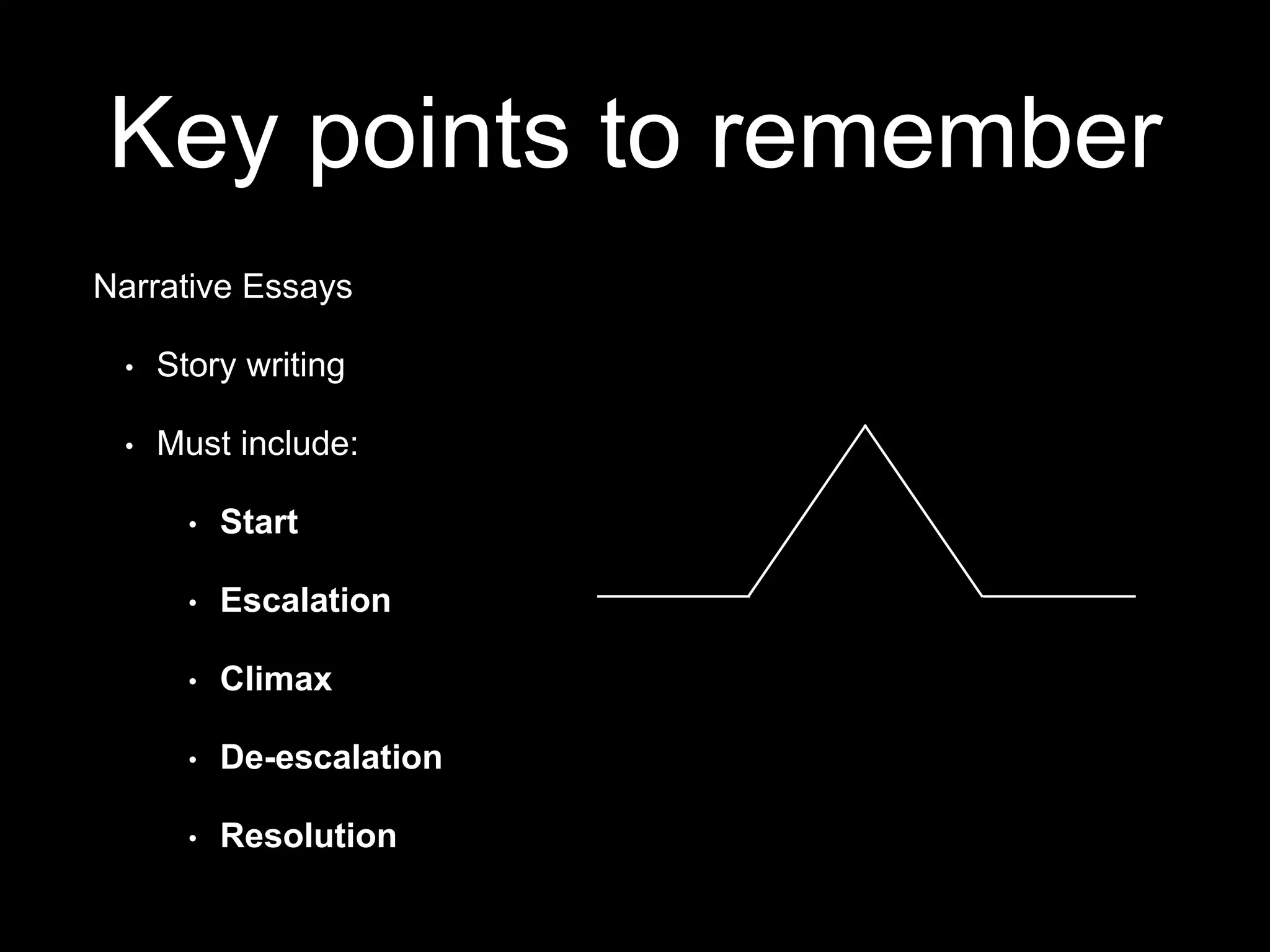 Key points to remember
Narrative Essays
• Story writing
• Must include:
• Start
• Escalation
• Climax
• De-escalation
• Resolution
 
