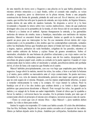 de una muralla de tierra ocre y llegaron a una placita en la que había plantados los
mismos árboles minerales y a cuyo fondo, sobre el costado más amplio, se veían
arcadas y negocios; pero se detuvieron en la plaza misma, frente a una pequeña
construcción de forma de granada, pintada de azul con cal. En el interior, en el único
cuarto, que recibía luz sólo por la puerta de entrada, un viejo árabe, de bigotes blancos,
estaba detrás de una tabla de madera lustrada. Se disponía a servir té y lo hizo
levantando y bajando la tetera sobre tres vasitos multicolores. Antes de que pudieran
distinguir otra cosa en la penumbra de la tienda, el olor fresco del té con menta recibió
a Marcel y a Janine en el umbral. Apenas franquearon la entrada, y las guirnaldas
molestas de teteras de estaño, tazas y bandejas, mezcladas con molinetes de tarjetas
postales, Marcel se encontró frente al mostrador. Janine se quedó en la entrada. Se
apartó un poco para no interceptar la luz. En ese momento divisó detrás del viejo
comerciante y en la penumbra a dos árabes que los contemplaban sonriendo, sentados
sobre las hinchadas bolsas que llenaban por entero el fondo del local. Alfombras rojas
y negras, tapices, pañuelos de seda bordados, colgaban de las paredes, mientras el
suelo estaba cubierto de bolsas y cajitas llenas de granos aromáticos. Sobre el
mostrador, alrededor de una balanza de platillos relucientes y un viejo metro con las
señales borradas, se alineaban panes de azúcar, uno de los cuales, despojado de la
envoltura de grueso papel azul, estaba ya cortado en la parte superior. Cuando el viejo
comerciante dejó la tetera sobre el mostrador y saludó, percibieron detrás del perfume
del té, el olor de lana y de especias que flotaba en el cuarto.
Marcel hablaba precipitadamente, con esa voz baja que empleaba para hablar de
negocios. Luego abrió la maleta, mostró las telas, las sedas, e hizo a un lado la balanza
y el metro, para exhibir su mercadería ante el viejo comerciante. Se ponía nervioso,
levantaba la voz, reía de manera desordenada, parecía una mujer que quiere gustar y
que no está segura de sí misma. Después, con las manos ampliamente abiertas, se puso
a remedar mímicamente la venta y la compra. El viejo meneó la cabeza. Pasó la
bandeja con el té a los dos árabes que estaban detrás y se limitó a decir algunas
palabras que parecieron desalentar a Marcel. Éste recogió las telas, las guardó en la
maleta y se enjugó de la frente un sudor improbable. Llamó al chico que le ayudaba a
llevar la maleta y volvieron hacia las arcadas. En la primera tienda, por más que el
comerciante afectó al principio el mismo aire olímpico, tuvieron un poco más de suerte.
—Éstos se creen que son el mismo Dios —dijo Marcel—; pero también deben
vender. La vida es dura para todos.
Janine lo seguía sin responder. El viento casi había cesado. El cielo iba abriéndose.
Una luz fría, brillante, bajaba de los pozos azules cavados en el espesor de las nubes.
Ahora ya habían dejado atrás la plaza. Andaban por callejuelas, bordeaban muros de
 