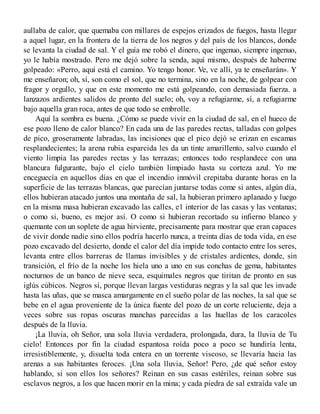aullaba de calor, que quemaba con millares de espejos erizados de fuegos, hasta llegar
a aquel lugar, en la frontera de la tierra de los negros y del país de los blancos, donde
se levanta la ciudad de sal. Y el guía me robó el dinero, que ingenuo, siempre ingenuo,
yo le había mostrado. Pero me dejó sobre la senda, aquí mismo, después de haberme
golpeado: «Perro, aquí está el camino. Yo tengo honor. Ve, ve allí, ya te enseñarán». Y
me enseñaron; oh, sí, son como el sol, que no termina, sino en la noche, de golpear con
fragor y orgullo, y que en este momento me está golpeando, con demasiada fuerza. a
lanzazos ardientes salidos de pronto del suelo; oh, voy a refugiarme, sí, a refugiarme
bajo aquella gran roca, antes de que todo se embrolle.
Aquí la sombra es buena. ¿Cómo se puede vivir en la ciudad de sal, en el hueco de
ese pozo lleno de calor blanco? En cada una de las paredes rectas, talladas con golpes
de pico, groseramente labradas, las incisiones que el pico dejó se erizan en escamas
resplandecientes; la arena rubia esparcida les da un tinte amarillento, salvo cuando el
viento limpia las paredes rectas y las terrazas; entonces todo resplandece con una
blancura fulgurante, bajo el cielo también limpiado hasta su corteza azul. Yo me
enceguecía en aquellos días en que el incendio inmóvil crepitaba durante horas en la
superficie de las terrazas blancas, que parecían juntarse todas come si antes, algún día,
ellos hubieran atacado juntos una montaña de sal, la hubieran primero aplanado y luego
en la misma masa hubieran excavado las calles, e1 interior de las casas y las ventanas;
o como si, bueno, es mejor así. O como si hubieran recortado su infierno blanco y
quemante con un soplete de agua hirviente, precisamente para mostrar que eran capaces
de vivir donde nadie sino ellos podría hacerlo nunca, a treinta días de toda vida, en ese
pozo excavado del desierto, donde el calor del día impide todo contacto entre los seres,
levanta entre ellos barreras de llamas invisibles y de cristales ardientes, donde, sin
transición, el frío de la noche los hiela uno a uno en sus conchas de gema, habitantes
nocturnos de un banco de nieve seca, esquimales negros que tiritan de pronto en sus
iglús cúbicos. Negros sí, porque llevan largas vestiduras negras y la sal que les invade
hasta las uñas, que se masca amargamente en el sueño polar de las noches, la sal que se
bebe en el agua proveniente de la única fuente del pozo de un corte reluciente, deja a
veces sobre sus ropas oscuras manchas parecidas a las huellas de los caracoles
después de la lluvia.
¡La lluvia, oh Señor, una sola lluvia verdadera, prolongada, dura, la lluvia de Tu
cielo! Entonces por fin la ciudad espantosa roída poco a poco se hundiría lenta,
irresistiblemente, y, disuelta toda entera en un torrente viscoso, se llevaría hacia las
arenas a sus habitantes feroces. ¡Una sola lluvia, Señor! Pero, ¿de qué señor estoy
hablando, si son ellos los señores? Reinan en sus casas estériles, reinan sobre sus
esclavos negros, a los que hacen morir en la mina; y cada piedra de sal extraída vale un
 