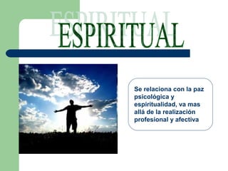 Se relaciona con la paz
psicológica y
espiritualidad, va mas
allá de la realización
profesional y afectiva
 