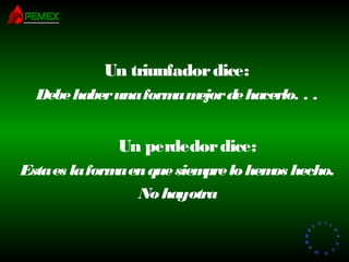 RR
ee
HH
cc
uu rr ss
ssoo
uu
mm aa
nn
oo
RR
ee
HH
cc
uu rr ss
ssoo
uu
mm aa
nn
oo
Un triunfadordice:
Debehaberunaformamejordehacerlo. . .
    Un perdedordice:
Estaes laformaenquesiemprelohemos hecho.
Nohayotra
 