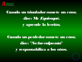 RR
ee
HH
cc
uu rr ss
ssoo
uu
mm aa
nn
oo
RR
ee
HH
cc
uu rr ss
ssoo
uu
mm aa
nn
oo
Cuando un triunfadorcomete un error,
dice: Me Equivoqué,
y aprende la lección.
Cuando un perdedorcomete un error,
dice: "Nofueculpamía"
y responsabiliza a los otros.
 