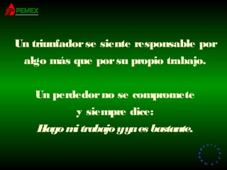 RR
ee
HH
cc
uu rr ss
ssoo
uu
mm aa
nn
oo
RR
ee
HH
cc
uu rr ss
ssoo
uu
mm aa
nn
oo
Un triunfadorse siente responsable por
algo más que porsu propio trabajo.
Un perdedorno se compromete
y siempre dice:
Hagomitrabajoyyaes bastante.
 