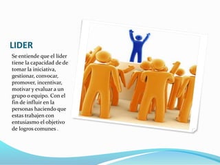 LIDER
Se entiende que el líder
tiene la capacidad de de
tomar la iniciativa,
gestionar, convocar,
promover, incentivar,
motivar y evaluar a un
grupo o equipo. Con el
fin de influir en la
personas haciendo que
estas trabajen con
entusiasmo el objetivo
de logros comunes .
 
