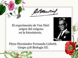 Pérez Hernández Fernanda Lizbeth.
Grupo 518 Biología III.
El experimento de Van Niel:
origen del oxígeno
en la fotosíntesis.
 
