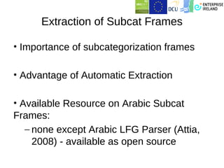 Extraction of Subcat Frames

• Importance of subcategorization frames

• Advantage of Automatic Extraction

• Available Resource on Arabic Subcat
Frames:
   – none except Arabic LFG Parser (Attia,
     2008) - available as open source
 