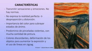 - Transmitir sensaciones y emociones. No
hay normas.
- No expresa la realidad perfecta →
desproporción y distorsión.
- Importancia del color para subrayar
estados de ánimo.
- Predominio de pinceladas violentas, con
mucha cantidad de pintura.
- Colores discordantes, deformación de los
objetos para aumentar la expresión y
el uso de líneas en zigzag.
“El Grito” – Edvard Munch (1893)
CARACTERÍSTICAS
 