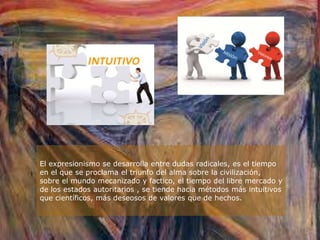 El expresionismo se desarrolla entre dudas radicales, es el tiempo
en el que se proclama el triunfo del alma sobre la civilización,
sobre el mundo mecanizado y factico, el tiempo del libre mercado y
de los estados autoritarios , se tiende hacia métodos más intuitivos
que científicos, más deseosos de valores que de hechos.
 