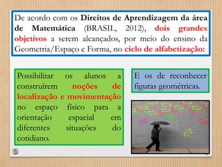 De acordo com os Direitos de Aprendizagem da área 
de Matemática (BRASIL, 2012), dois grandes 
objetivos a serem alcançados, por meio do ensino da 
Geometria/Espaço e Forma, no ciclo de alfabetização: 
Possibilitar os alunos a 
construírem noções de 
localização e movimentação 
no espaço físico para a 
orientação espacial em 
diferentes situações do 
cotidiano. 
E os de reconhecer 
figuras geométricas. 
 