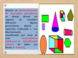 Quanto ao desenvolvimento 
da percepção geométrica, 
os alunos devem ser 
capazes de visualizar 
diferentes figuras 
geométricas, planas e 
espaciais, realizando a sua 
discriminação e 
classificação por meio de 
suas características 
(atributos) e identificando 
número de lados (ou 
faces) e vértices; 
 