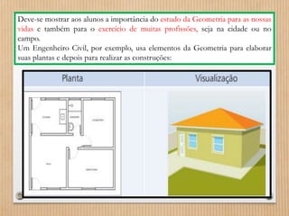 Deve-se mostrar aos alunos a importância do estudo da Geometria para as nossas 
vidas e também para o exercício de muitas profissões, seja na cidade ou no 
campo. 
Um Engenheiro Civil, por exemplo, usa elementos da Geometria para elaborar 
suas plantas e depois para realizar as construções: 
 