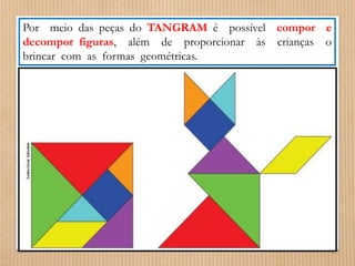 Por meio das peças do TANGRAM é possível compor e 
decompor figuras, além de proporcionar às crianças o 
brincar com as formas geométricas. 
 