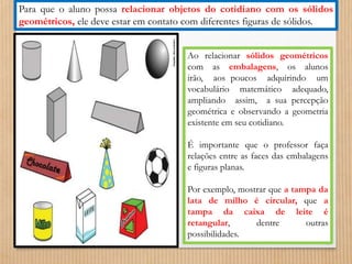 Para que o aluno possa relacionar objetos do cotidiano com os sólidos 
geométricos, ele deve estar em contato com diferentes figuras de sólidos. 
Ao relacionar sólidos geométricos 
com as embalagens, os alunos 
irão, aos poucos adquirindo um 
vocabulário matemático adequado, 
ampliando assim, a sua percepção 
geométrica e observando a geometria 
existente em seu cotidiano. 
É importante que o professor faça 
relações entre as faces das embalagens 
e figuras planas. 
Por exemplo, mostrar que a tampa da 
lata de milho é circular, que a 
tampa da caixa de leite é 
retangular, dentre outras 
possibilidades. 
 