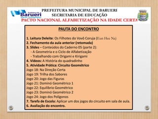 PREFEITURA MUNICIPAL DE BARUERI 
SECRETARIA DE EDUCAÇÃO 
PACTO NACIONAL ALFABETIZAÇÃO NA IDADE CERTA 
PAUTA DO ENCONTRO 
1. Leitura Deleite: Os Filhotes do Vovô Coruja (Eun Hee Na) 
2. Fechamento da aula anterior (retomada) 
3. Slides – Conteúdos do Caderno 05 (parte 2): 
- A Geometria e o Ciclo de Alfabetização 
- Trabalhando com Origami e Kirigami 
4. Vídeos: A História do quadradinho 
5. Atividade Prática: Circuito Geométrico 
Jogo 18: Na Direção Certa 
Jogo 19: Trilha dos Sabores 
Jogo 20: Jogo das Figuras 
Jogo 21: Dominó Geométrico 1 
Jogo 22: Equilíbrio Geométrico 
Jogo 23: Dominó Geométrico 2 
Jogo 24: Jogo dos Polígonos 
7. Tarefa de Escola: Aplicar um dos jogos do circuito em sala de aula. 
6. Avaliação do encontro. 
 
