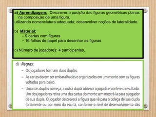 a) Aprendizagem: Descrever a posição das figuras geométricas planas 
na composição de uma figura, 
utilizando nomenclatura adequada; desenvolver noções de lateralidade. 
b) Material: 
– 9 cartas com figuras 
– 16 folhas de papel para desenhar as figuras 
c) Número de jogadores: 4 participantes. 
 
