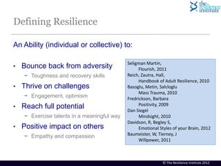 Defining Resilience

An Ability (individual or collective) to:

                                            Seligman Martin,
• Bounce back from adversity                     Flourish, 2011
   − Toughness and recovery skills          Reich, Zautra, Hall,
                                                 Handbook of Adult Resilience, 2010
• Thrive on challenges                      Basoglu, Metin, Salcloglu
                                                 Mass Trauma, 2010
   − Engagement, optimism                   Fredrickson, Barbara
                                                 Positivity, 2009
• Reach full potential
                                            Dan Siegel
   − Exercise talents in a meaningful way        Mindsight, 2010
                                            Davidson, R, Begley S,
• Positive impact on others                      Emotional Styles of your Brain, 2012
   − Empathy and compassion                 Baumeister, W, Tierney, J
                                                 Willpower, 2011



                                                             © The Resilience Institute 2012
 