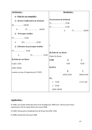 Attributaire :                                                              Bénéficiaire :

     a) Point de vue comptable :
                                                        Encaissement du dividende
     1) décision d’affectation du dividende
                                                        55…………………. 75,00
 69…………….100,00
                                                        67…………………. 25,00
         À          47……………… 100,00
                                                                              A            75…………… 100,00
     2) Précompte mobilier

 47…………….. 25,00

     A           453………………..25,00
                                                        e
     3) Libération du précompte mobilier

 47………………. 75,00
                                                        B) Point de vue fiscal :
             A              55………………75,00
                                                        Cadre IA R.taxé
 B) Point de vue fiscal :                               f) RR                      D                  F

 Cadre 3 (III)                                                                    0,00            75,00

 (050) 100,00                                           II) DNA
                                                                                  D                       F
 (soumis au taux d’imposition de 33,99%
                                                                             (029) 25,00         (098) 95,00
                                                        IV)
                                                              1. 75,00                           (112) 5,00
                                                              2. 25,00
                                                              (060) 100,00




Application :

En 2006, une société achète des titres d’une SA belge pour 3000 euros (30 euros par titres)
représentant 12% du capital (titres émis avant 1994)

Fin 2007, elle perçoit un dividende brut de 4% par titre (PM : 25%)

En 2008, revente des titres pour 4500


                                                                                                 47
 