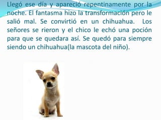Llegó ese día y apareció repentinamente por la noche. El fantasma hizo la transformación pero le salió mal. Se convirtió en un chihuahua. Los señores se rieron y el chico le echó una poción para que se quedara así. Se quedó para siempre siendo un chihuahua(la mascota del niño).