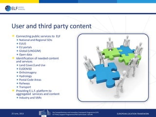 the Competitiveness and Innovation framework Programme (CIP)
ICT Policy Support Programme (PSP) Call 6 Grant 325140 EUROPEAN LOCATION FRAMEWORK
User and third party content
 Connecting public services to ELF
 National and Regional SDIs
 EULIS
 EU portals
 Global (UNGGIM)
 Open data
 Identification of needed content
and services
 Land Cover/Land Use
 EUDEM30
 Orthoimagery
 Hydrology
 Postal Code Areas
 Railways
 Transport
 Providing E.L.F. platform to
aggregated services and content
 Industry and VARs
25 June, 2013
 