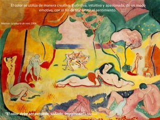 El color se utiliza de manera creativa, instintiva, intuitiva y apasionada, de un modo
emotivo, con el fin de transmitir el sentimiento.
Matisse: La alegría de vivir, 1906
“El color debe ser pensado, soñado, imaginado” . Matisse.
 