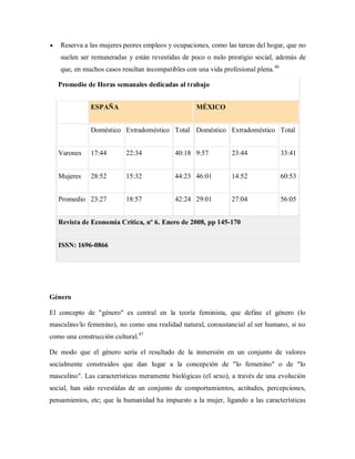 Reserva a las mujeres peores empleos y ocupaciones, como las tareas del hogar, que no
suelen ser remuneradas y están revestidas de poco o nulo prestigio social, además de
que, en muchos casos resultan incompatibles con una vida profesional plena.46
Promedio de Horas semanales dedicadas al trabajo
ESPAÑA MÉXICO
Doméstico Extradoméstico Total Doméstico Extradoméstico Total
Varones 17:44 22:34 40:18 9:57 23:44 33:41
Mujeres 28:52 15:32 44:23 46:01 14:52 60:53
Promedio 23:27 18:57 42:24 29:01 27:04 56:05
Revista de Economía Crítica, nº 6. Enero de 2008, pp 145-170
ISSN: 1696-0866
Género
El concepto de "género" es central en la teoría feminista, que define el género (lo
masculino/lo femenino), no como una realidad natural, consustancial al ser humano, si no
como una construcción cultural.47
De modo que el género sería el resultado de la inmersión en un conjunto de valores
socialmente construidos que dan lugar a la concepción de "lo femenino" o de "lo
masculino". Las características meramente biológicas (el sexo), a través de una evolución
social, han sido revestidas de un conjunto de comportamientos, actitudes, percepciones,
pensamientos, etc; que la humanidad ha impuesto a la mujer, ligando a las características
 