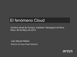 Juan Manuel Robles
Director de Arsys Cloud Solutions
El fenómeno Cloud
Cambra oficial de Comerç, Indústria i Navegació de Reus
Reus, 28 de Mayo de 2014
 