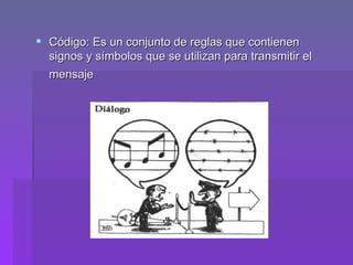 Código: Es un conjunto de reglas que contienen signos y símbolos que se utilizan para transmitir el mensaje   