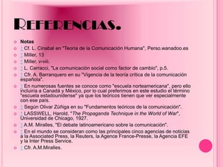 REFERENCIAS.
   Notas
   ↑ Cf. L. Cinabal en "Teoría de la Comunicación Humana", Perso.wanadoo.es
   ↑ Miller, 13
   ↑ Miller, v-viii.
   ↑ L. Carracci, "La comunicación social como factor de cambio", p.5.
   ↑ Cfr. A. Barranquero en su "Vigencia de la teoría crítica de la comunicación
    española".
   ↑ En numerosas fuentes se conoce como "escuela norteamericana", pero ello
    incluiría a Canadá y México, por lo cual preferimos en este estudio el término
    "escuela estadounidense" ya que los teóricos tienen que ver especialmente
    con ese país.
   ↑ Según Olivar Zúñiga en su "Fundamentos teóricos de la comunicación".
   ↑ LASSWELL, Harold, "The Propaganda Technique in the World of War",
    Universidad de Chicago, 1927.
   ↑ A.M. Miralles, "El debate latinoamericano sobre la comunicación".
   ↑ En el mundo se consideran como las principales cinco agencias de noticias
    a la Associated Press, la Reuters, la Agence France-Presse, la Agencia EFE
    y la Inter Press Service.
   ↑ Cfr. A.M.Miralles.
 