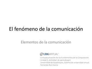 El fenómeno de la comunicación

    Elementos de la comunicación


              Conceptualización de los Fundamentos de la Computación
              Unidad 2, Actividad de aprendizaje1
              Universidad de Guadalajara, Sistema de universidad virtual.
              Fernando Ruiz García
 