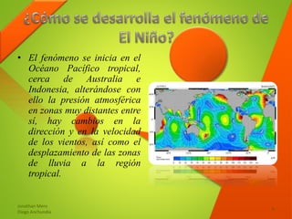 • El fenómeno se inicia en el
Océano Pacífico tropical,
cerca de Australia e
Indonesia, alterándose con
ello la presión atmosférica
en zonas muy distantes entre
sí, hay cambios en la
dirección y en la velocidad
de los vientos, así como el
desplazamiento de las zonas
de lluvia a la región
tropical.
Jonathan Mero
Diego Anchundia
6
 