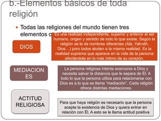 b.-Elementos básicos de toda religiónTodas las religiones del mundo tienen tres elementos comúnEs una realidad independiente, superior y anterior al ser humano, origen y sentido de todo lo que existe. Según la religión se le da nombres diferentes (Alá, Yahvéh, Dios…) poro todos aluden a la misma realidad. Es la realidad suprema que aparece en la vida de la persona afectándola en lo más íntimo de su corazón.DIOSMEDIACIONESLa persona religiosa intenta acercarse a Dios y necesita salvar la distancia que le separa de Él. A todo lo que la persona utiliza para relacionarse con Dios es a lo que se llama “mediación”. Cada religión ofrece distintas mediaciones.ACTITUD RELIGIOSAPara que haya religión es necesario que la persona acepte la existencia de Dios y quiera entrar en relación con Él. A esto se le llama actitud positiva