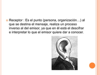 Receptor : Es el punto (persona, organización…) al que se destina el mensaje, realiza un proceso inverso al del emisor, ya que en él está el descifrar e interpretar lo que el emisor quiere dar a conocer. 