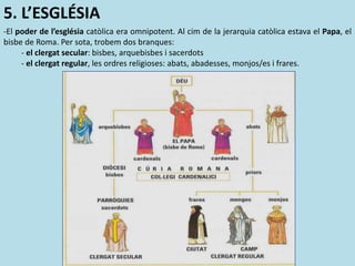 5. L’ESGLÉSIA
-El poder de l’església catòlica era omnipotent. Al cim de la jerarquia catòlica estava el Papa, el
bisbe de Roma. Per sota, trobem dos branques:
- el clergat secular: bisbes, arquebisbes i sacerdots
- el clergat regular, les ordres religioses: abats, abadesses, monjos/es i frares.
 