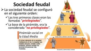 Sociedad feudal
La sociedad feudal se configuró
en el siguiente orden:
Las tres primeras clases eran las
llamadas “privilegiadas”.
La base de la pirámide, era la
considerada “no privilegiadas”.
 