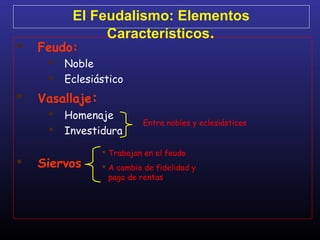  Feudo:
 Noble
 Eclesiástico
 Vasallaje:
 Homenaje
 Investidura
 Siervos
El Feudalismo: Elementos
Característicos.
Entre nobles y eclesiásticos
 Trabajan en el feudo
 A cambio de fidelidad y
pago de rentas
 