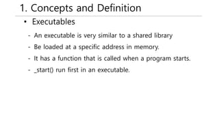1. Concepts and Definition
• Executables
- An executable is very similar to a shared library
- Be loaded at a specific address in memory.
- It has a function that is called when a program starts.
- _start() run first in an executable.
 