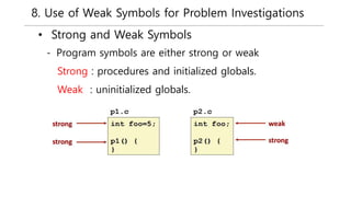 8. Use of Weak Symbols for Problem Investigations
• Strong and Weak Symbols
- Program symbols are either strong or weak
Strong : procedures and initialized globals.
Weak : uninitialized globals.
 