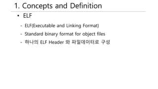 1. Concepts and Definition
• ELF
- ELF(Executable and Linking Format)
- Standard binary format for object files
- 하나의 ELF Header 와 파일데이터로 구성
 