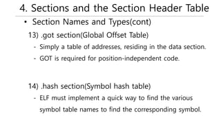 4. Sections and the Section Header Table
• Section Names and Types(cont)
- Simply a table of addresses, residing in the data section.
- GOT is required for position-independent code.
13) .got section(Global Offset Table)
- ELF must implement a quick way to find the various
symbol table names to find the corresponding symbol.
14) .hash section(Symbol hash table)
 