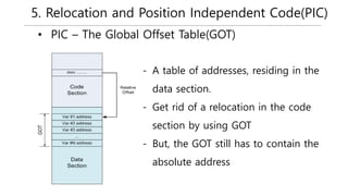 5. Relocation and Position Independent Code(PIC)
• PIC – The Global Offset Table(GOT)
- A table of addresses, residing in the
data section.
- Get rid of a relocation in the code
section by using GOT
- But, the GOT still has to contain the
absolute address
 