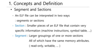1. Concepts and Definition
• Segment and Sections
- An ELF file can be interpreted in two ways
: segments or sections
- Section : Smaller pieces of an ELF file that contain very
specific information (machine instructions, symbol table, …)
- Segment : Larger groupings of one or more sections
All of which have the same memory attributes.
( read-only, writable, … )
 