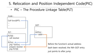 5. Relocation and Position Independent Code(PIC)
• PIC – The Procedure Linkage Table(PLT)
Call func@PTL
…
…
PLT[0] :
call resolver
…..
PLT[n] :
jmp *GOT[n]
prepare resolver
jmp PLT[0]
Code :
PLT :
…
GOT[n] :
<addr>
GOT :
Before the function’s actual address
bash been resolved, the Nth GOT entry
just points to after jump.
 