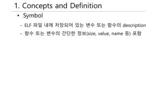1. Concepts and Definition
• Symbol
- ELF 파일 내에 저장되어 있는 변수 또는 함수의 description
- 함수 또는 변수의 간단한 정보(size, value, name 등) 포함
 