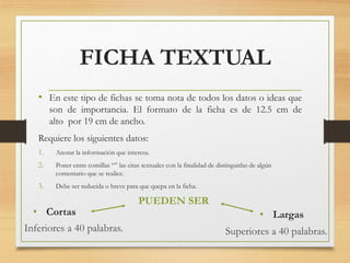 FICHA TEXTUAL
• Cortas
PUEDEN SER
• Largas
Inferiores a 40 palabras. Superiores a 40 palabras.
• En este tipo de fichas se toma nota de todos los datos o ideas que
son de importancia. El formato de la ficha es de 12.5 cm de
alto por 19 cm de ancho.
Requiere los siguientes datos:
1. Anotar la información que interesa.
2. Poner entre comillas “” las citas textuales con la finalidad de distinguirlas de algún
comentario que se realice.
3. Debe ser reducida o breve para que quepa en la ficha.
 