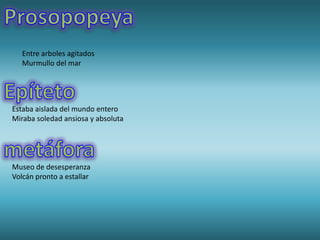 Entre arboles agitados
   Murmullo del mar




Estaba aislada del mundo entero
Miraba soledad ansiosa y absoluta




Museo de desesperanza
Volcán pronto a estallar
 