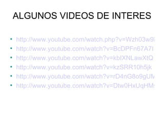 ALGUNOS VIDEOS DE INTERES http://www.youtube.com/watch.php?v=Wzh03w9brdM http://www.youtube.com/watch?v=BcDPFn67A7I http://www.youtube.com/watch?v=kbIXNLawXtQ http://www.youtube.com/watch?v=kzSRR10h5jk http://www.youtube.com/watch?v=rD4nG8o9gUM http://www.youtube.com/watch?v=Dtw0HxUqHMs 