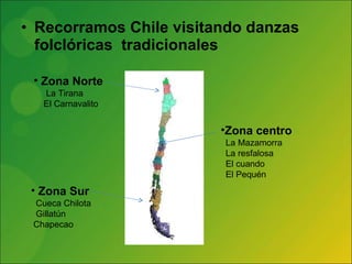 Recorramos Chile visitando  danzas folclóricas  tradicionales  Zona Norte La Tirana El Carnavalito Zona centro La Mazamorra La resfalosa El cuando El Pequén Zona Sur Cueca Chilota Gillatún  Chapecao 