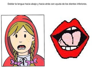 Doblar la lengua hacia abajo y hacia atrás con ayuda de los dientes inferiores. 
 