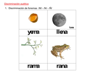 Discriminación auditiva 
1. Discriminación de fonemas /M/ - /N/ - /Ñ/ 
luna 
yema llena 
rama rana 
 