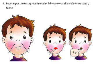 4. Inspirar por la nariz, apretar fuerte los labios y soltar el aire de forma corta y 
fuerte. 
P p 
 